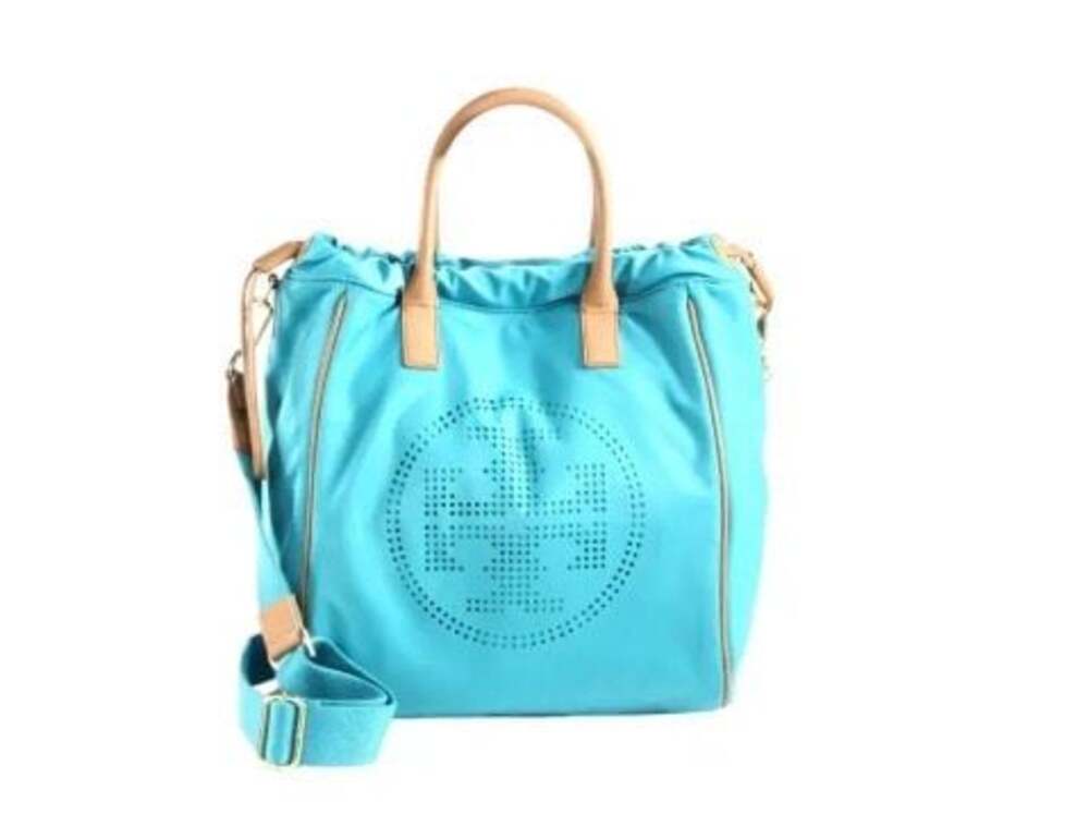 Tory Burch Perforated Logo Nylon Drawstring Tote in Turquoise